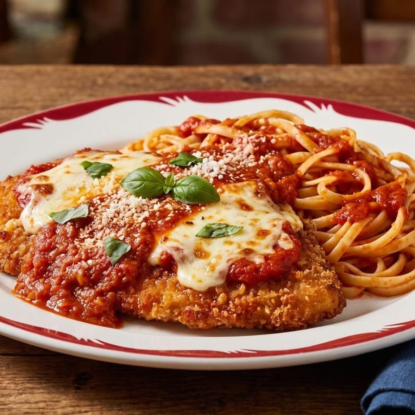 Chicken parmesan with melted mozzarella, marinara sauce, fresh basil, and a side of spaghetti.