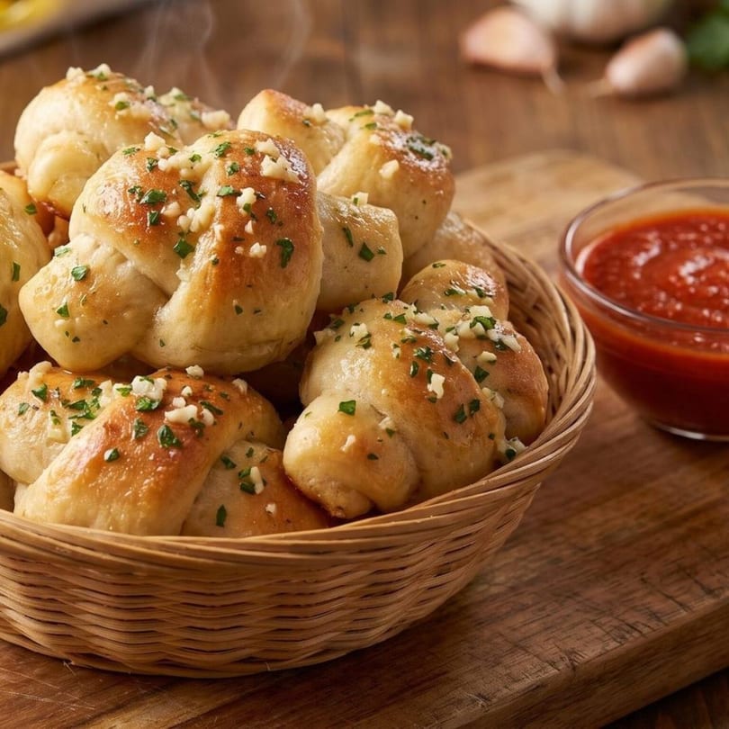Steaming garlic knots in a woven basket, garnished with parsley and garlic, next to marinara sauce.