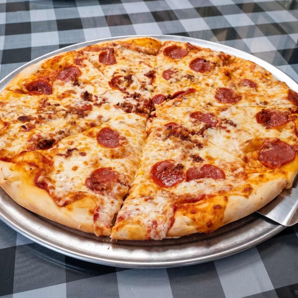 A whole pepperoni and sausage pizza on a metal tray, with one slice being served.