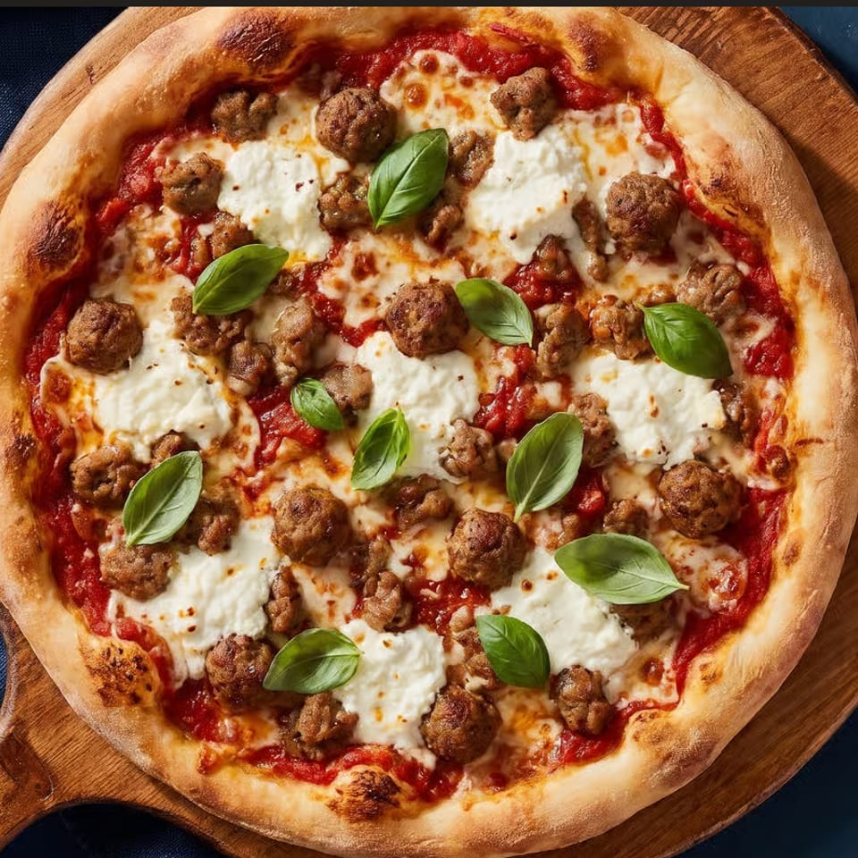 A whole pizza with meatballs, ricotta cheese, and basil on a wooden peel.