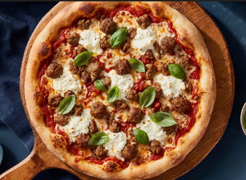 A whole pizza with meatballs, ricotta cheese, and basil on a wooden peel.